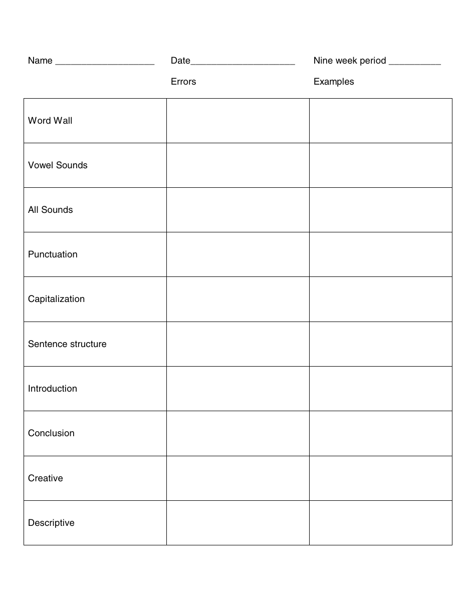 Writing Assessment Record Template Preview