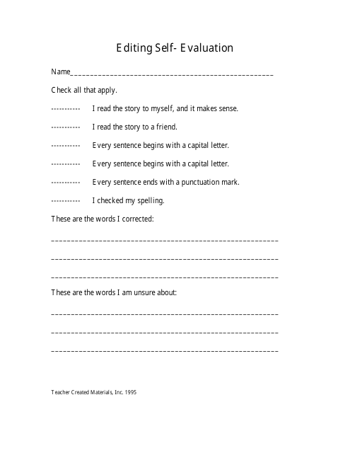 Editing Self-evaluation Form - Teacher Created Materials