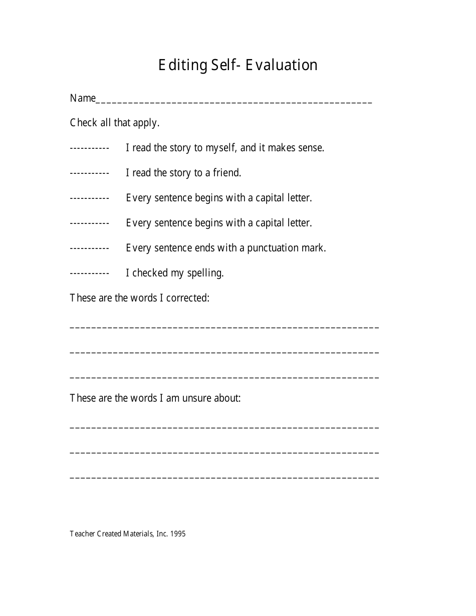 Editing Self-evaluation Form - Teacher Created Materials, Page 1