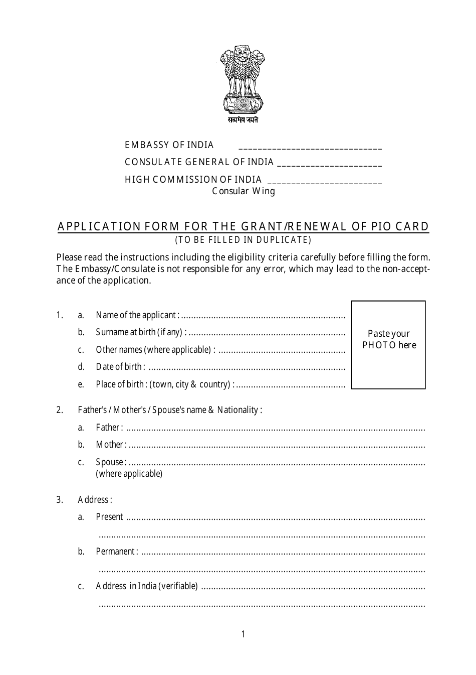 India Application Form For The Grant Renewal Of Pio Card Embassy Of India Fill Out Sign
