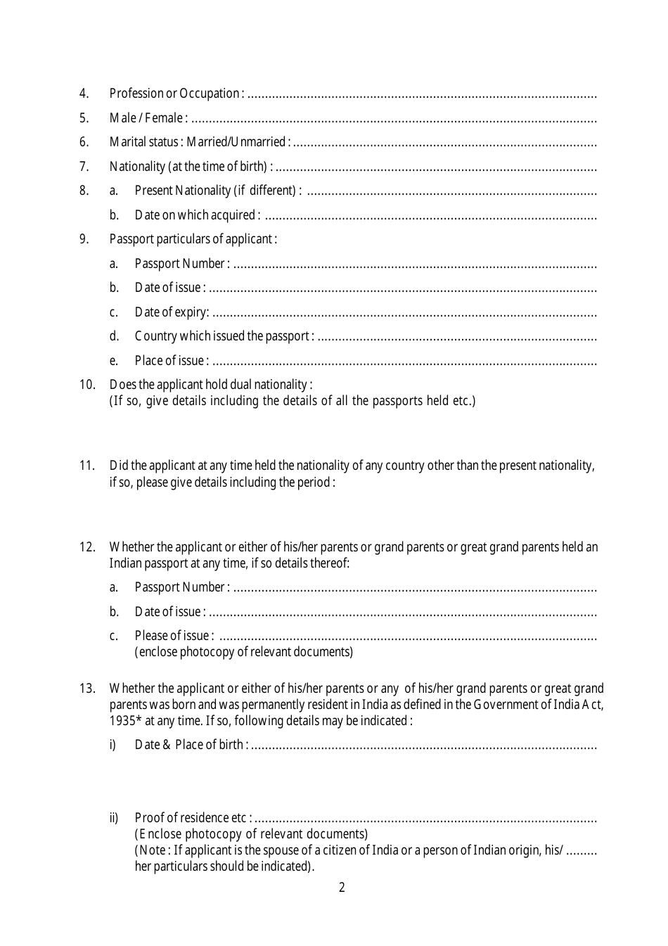 Application Form for the Grant / Renewal of Pio Card - Embassy of India - India, Page 2