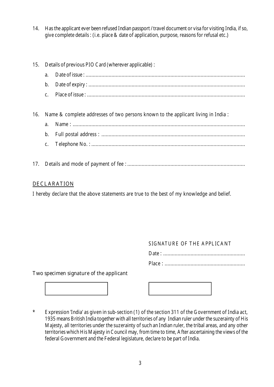 India Application Form for the Grant/Renewal of Pio Card - Embassy of ...