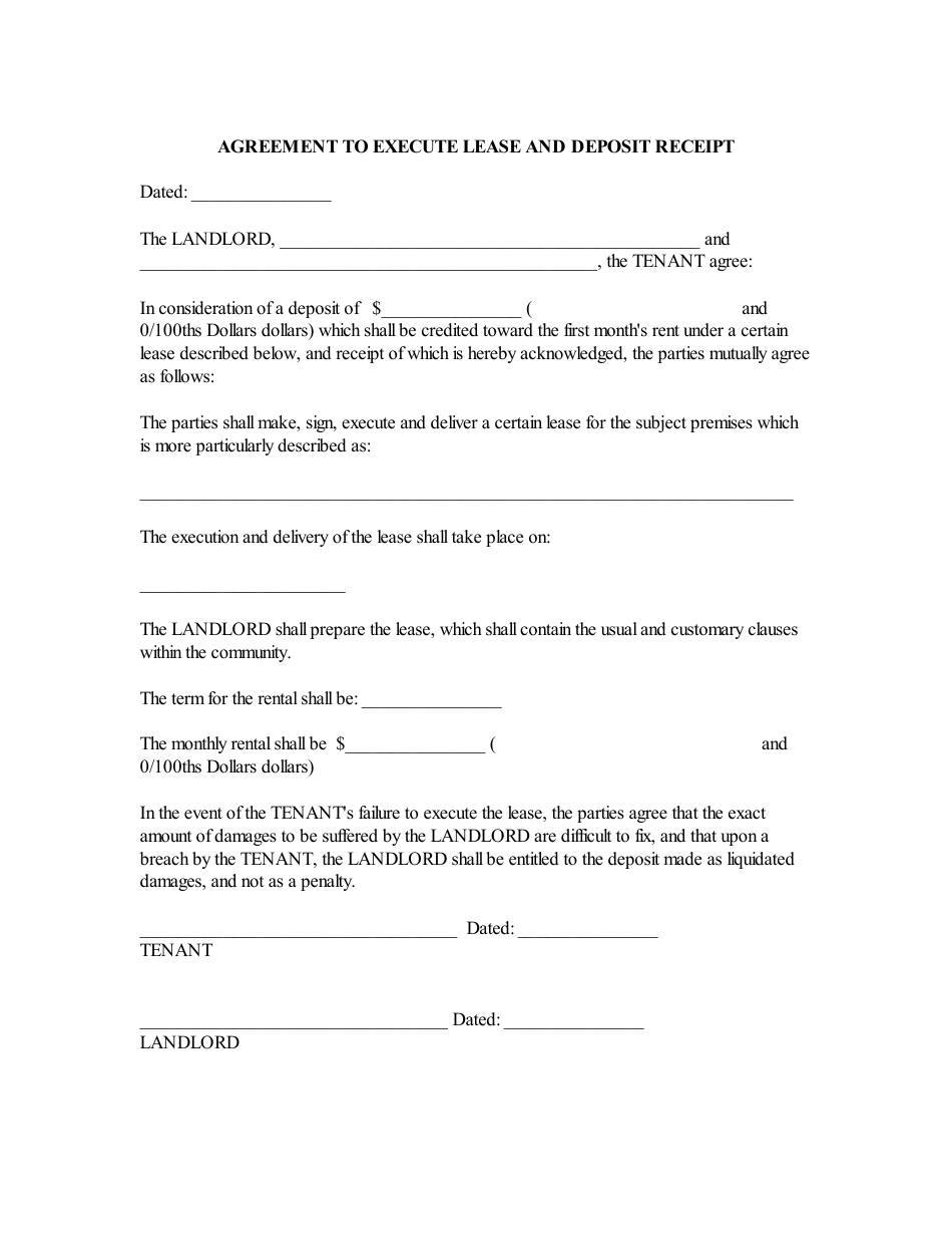 Agreement to Execute Lease and Deposit Receipt Template, Page 1
