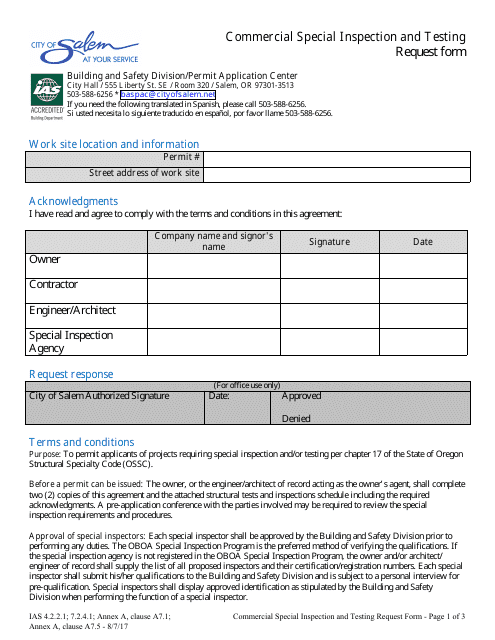 Commercial Special Inspection and Testing Request Form - City of Salem, Oregon Download Pdf
