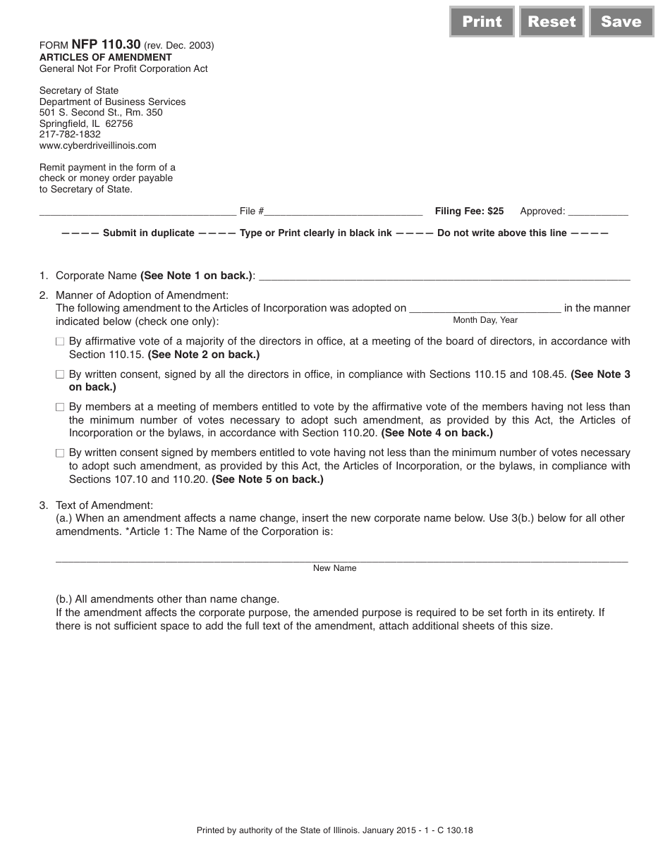 Form NFP110.30 Articles of Amendment - Illinois, Page 1