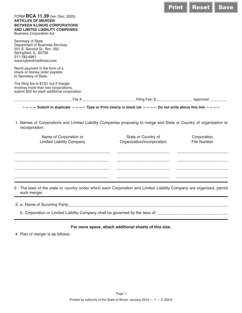 Form BCA11.39 Articles of Merger Between Illinois Corporations and Limited Liability Companies - Illinois, Page 1