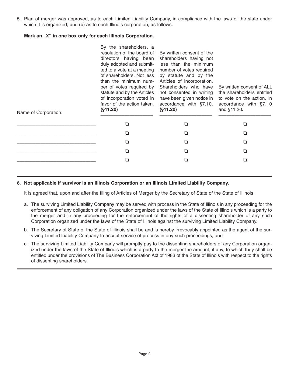 Form BCA11.39 Articles of Merger Between Illinois Corporations and Limited Liability Companies - Illinois, Page 2
