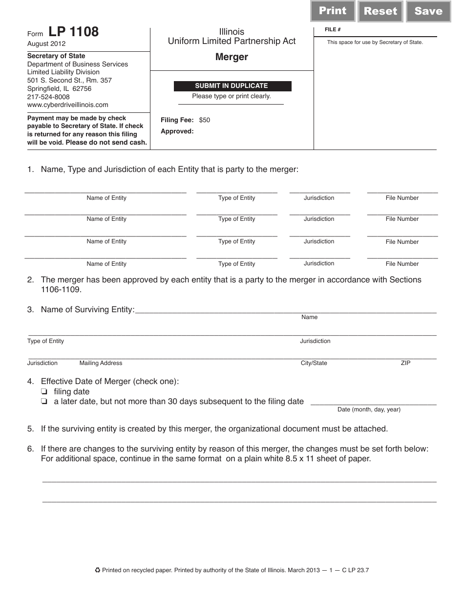 Form LP1108 Articles of Merger - Illinois, Page 1