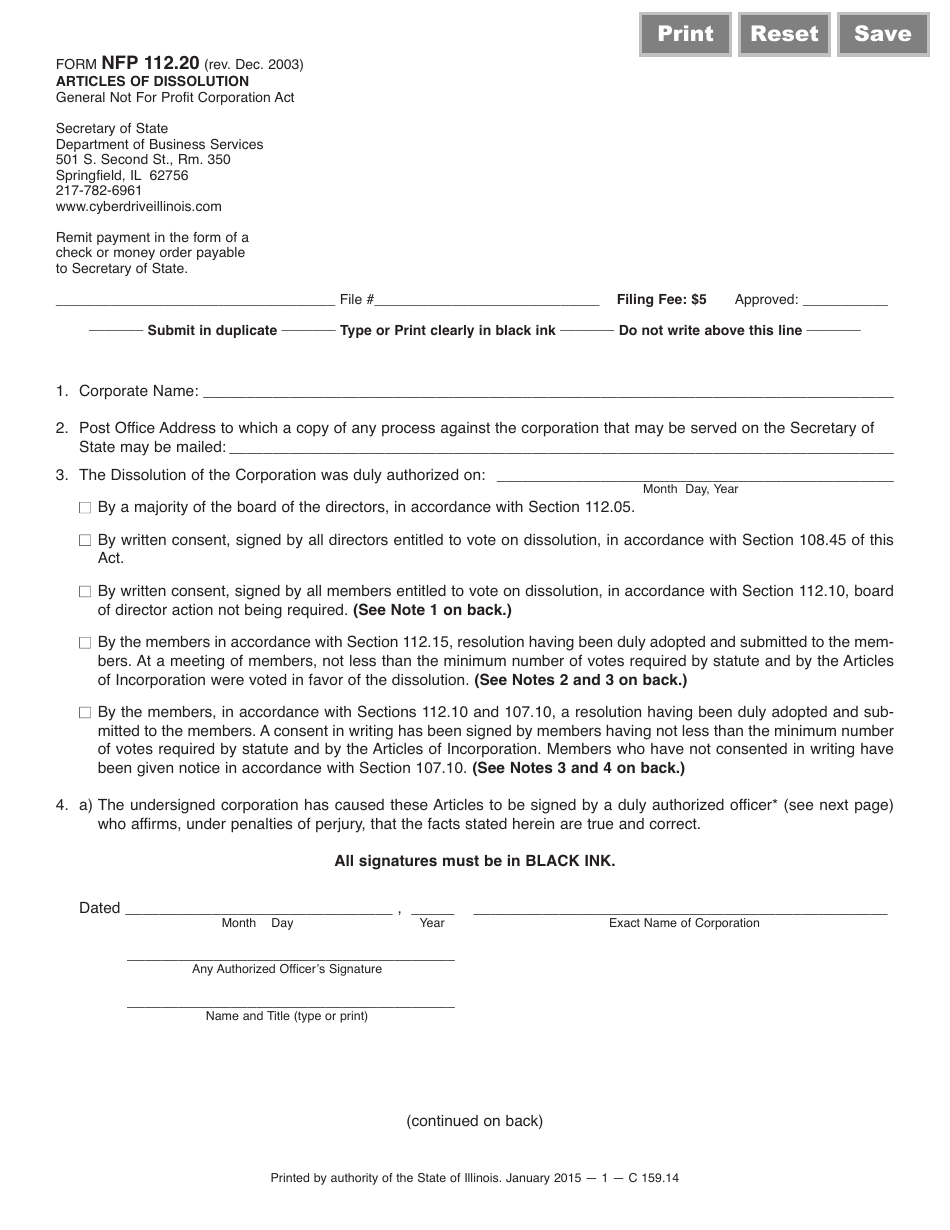 Form NFP112.20 Articles of Dissolution - Illinois, Page 1