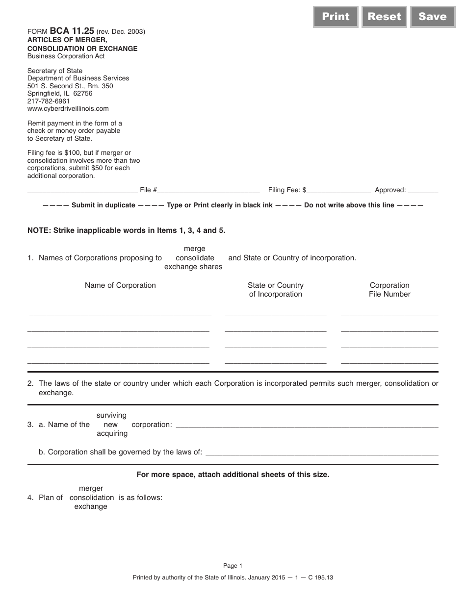 Form BCA11.25 Articles of Merger, Consolidation or Exchange - Illinois, Page 1