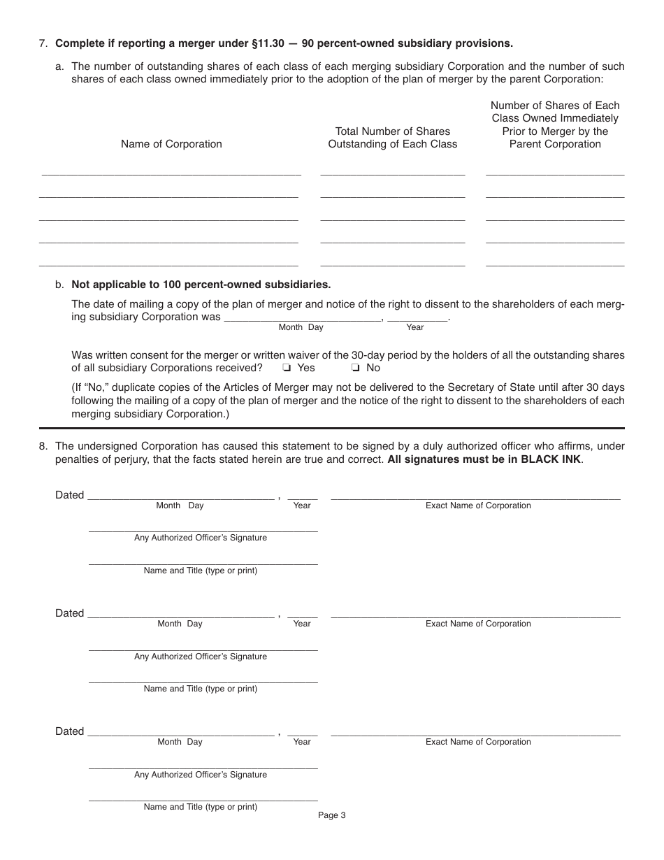 Form BCA11.25 Articles of Merger, Consolidation or Exchange - Illinois, Page 3