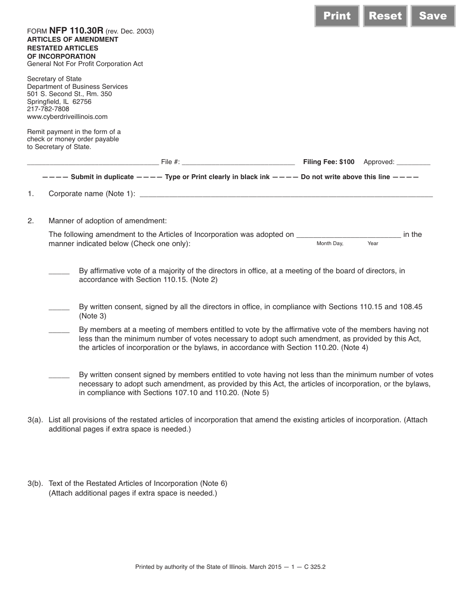Form NFP110.30R Articles of Amendment Restated Articles of Incorporation - Illinois, Page 1