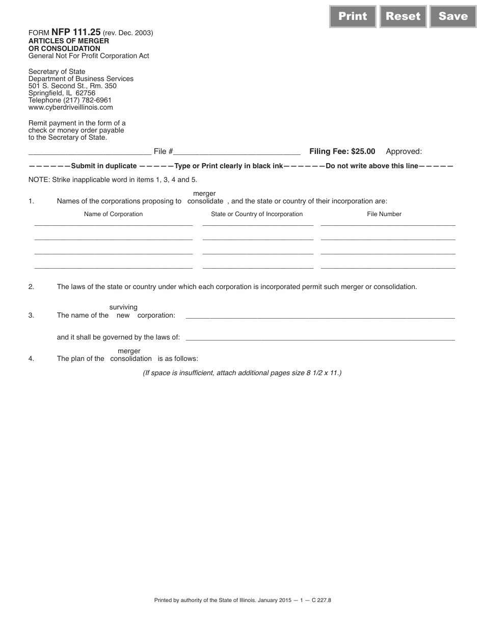 Form NFP111.25 Articles of Merger or Consolidation - Illinois, Page 1