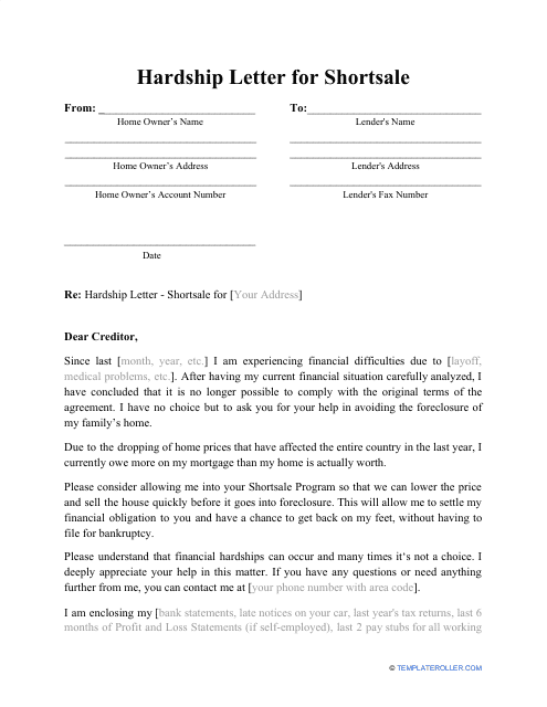 Hardship Letter For Shortsale Template Download Printable Pdf Templateroller