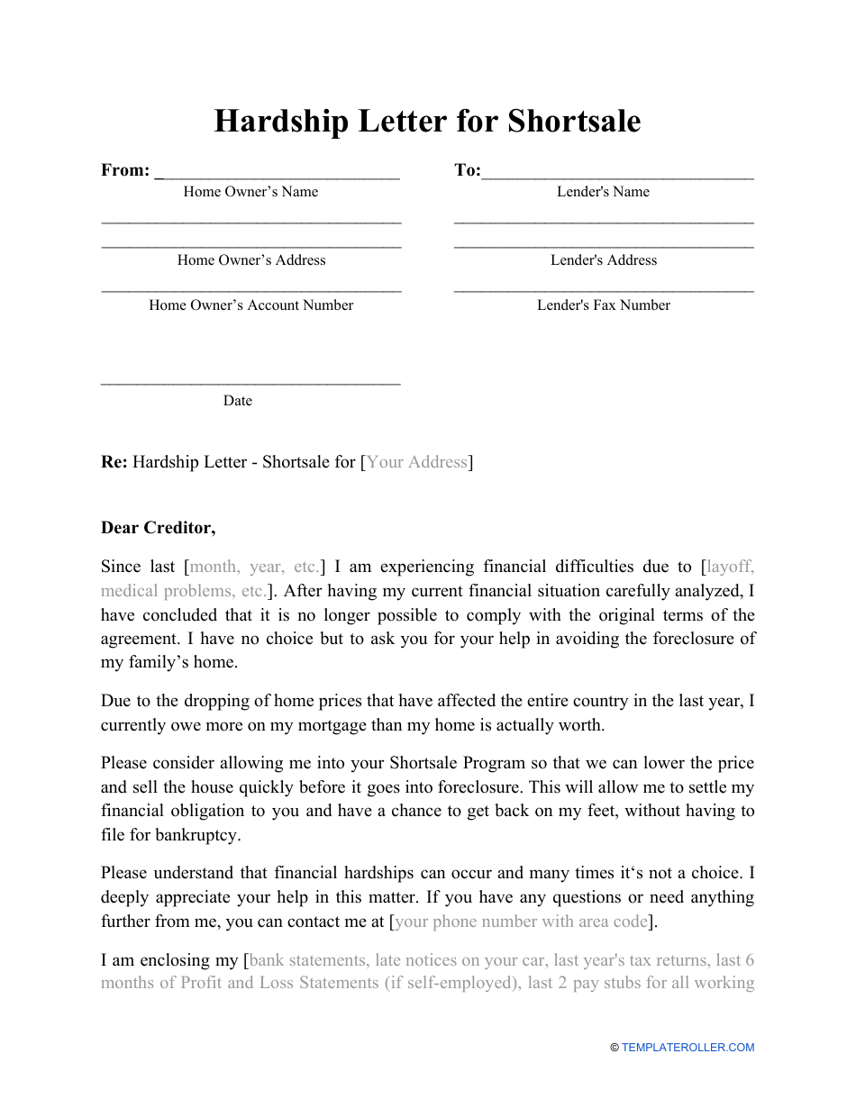 Hardship Letter for Shortsale Template Download Printable PDF