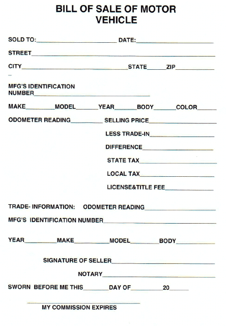 Bill of Sale of Motor Vehicle - Hancock County, Tennessee