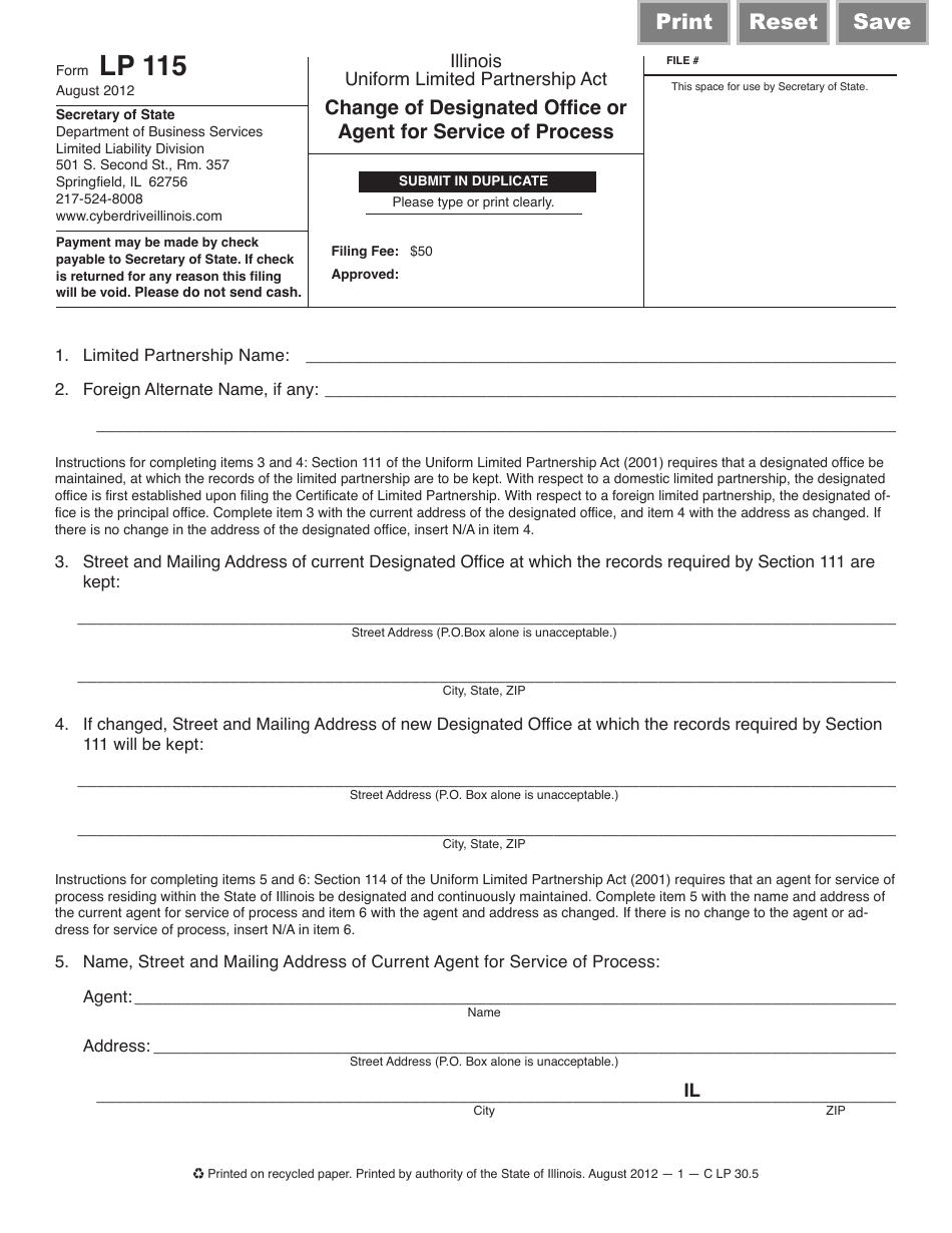 Form LP115 Change of Designated Office or Agent for Service of Process - Illinois, Page 1