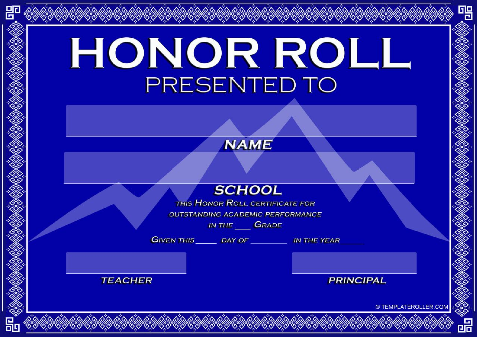 Honor Roll Certificate Template with a blue design for exemplary students