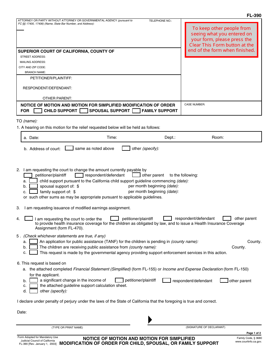 Form FL-390 Notice of Motion and Motion for Simplified Modification of Order for Child, Spousal, or Family Support - California, Page 1