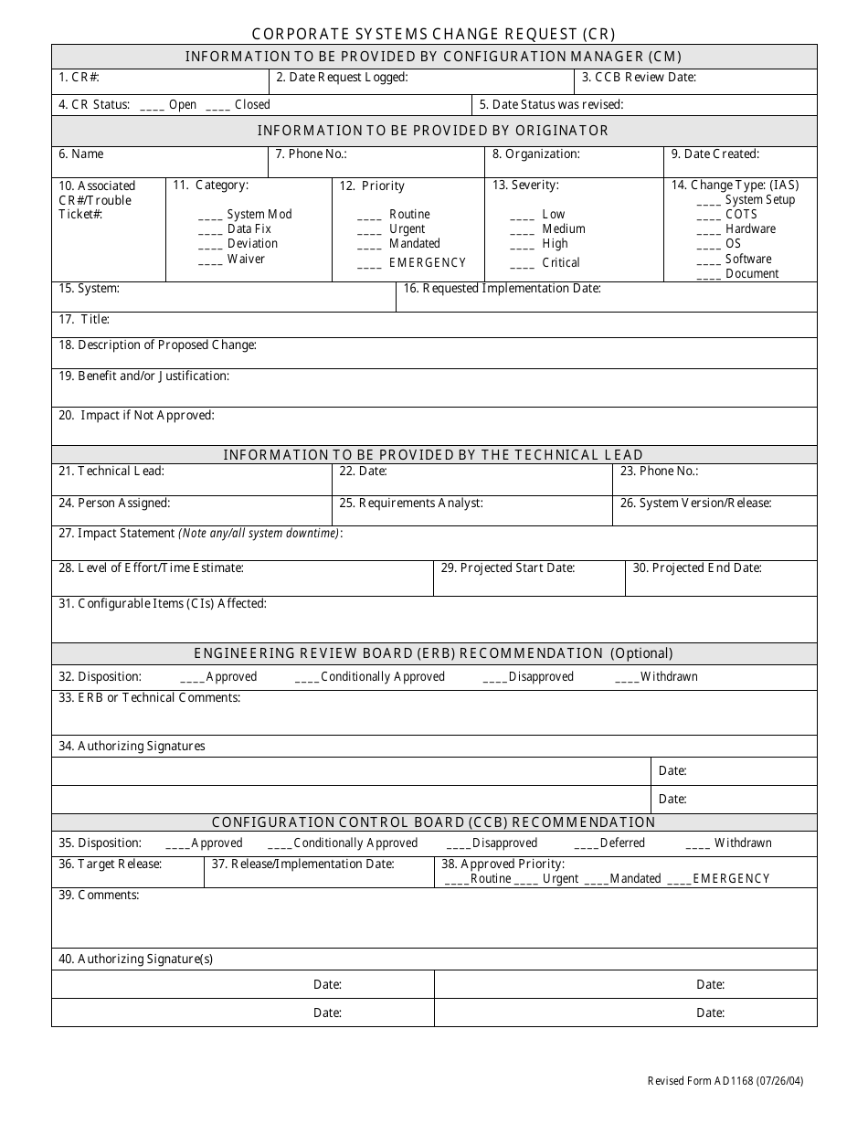 Corporate Systems Change Request Form, Page 1