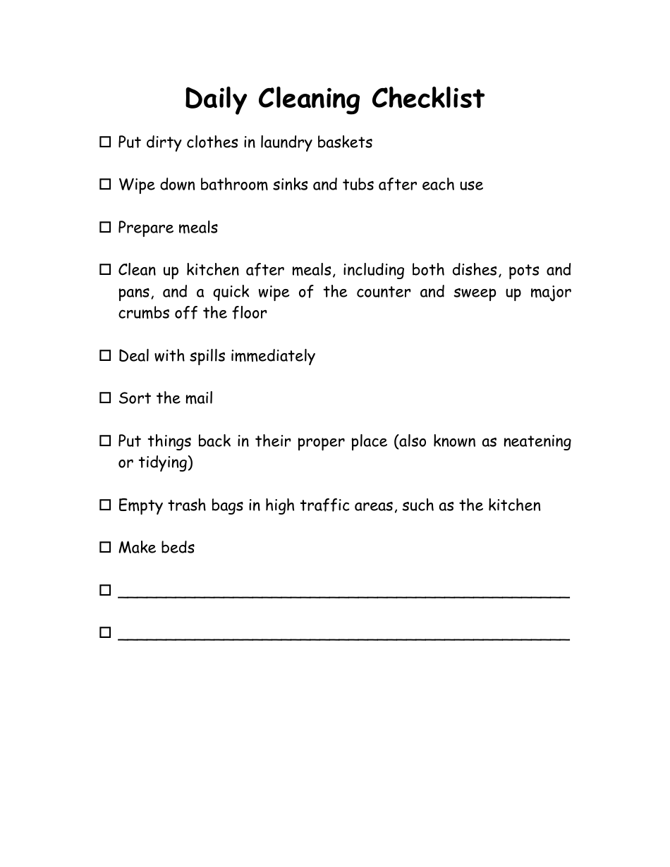 Daily Cleaning Checklist Template, Page 1