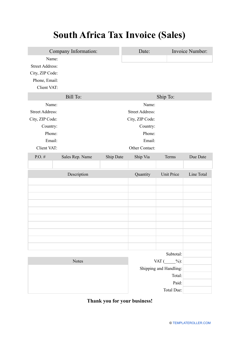 south africa sales tax invoice template download printable