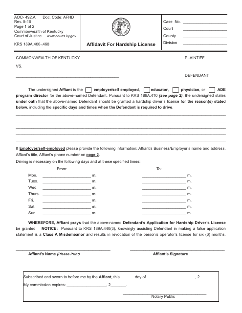 Form AOC-492.A  Printable Pdf