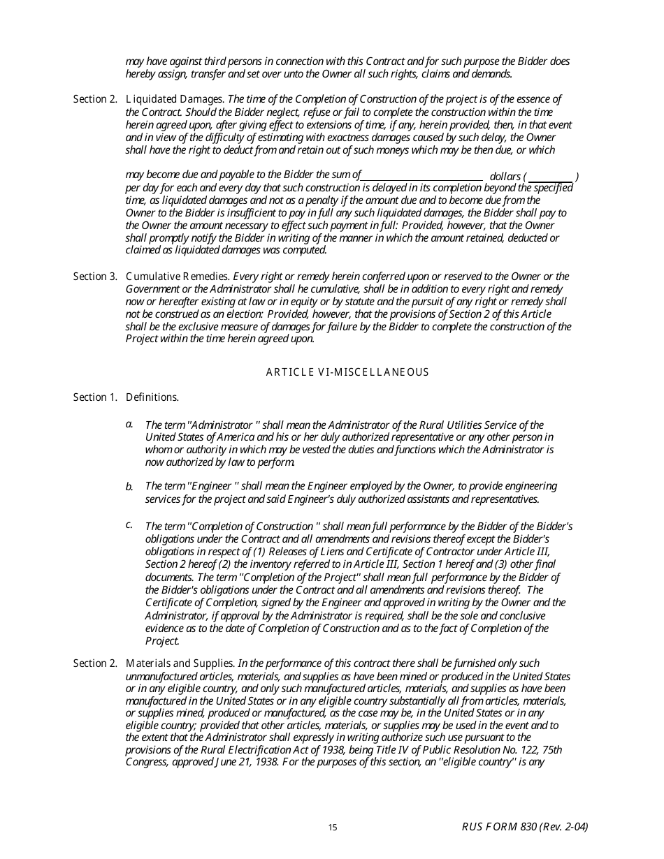 Form 830 Electric System Construction Contract, Page 15