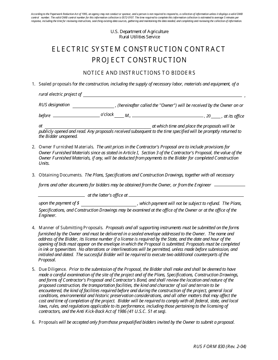 Form 830 Electric System Construction Contract, Page 1