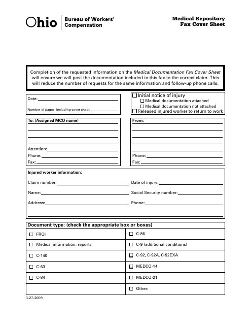 &quot;Medical Repository Fax Cover Sheet&quot; - Ohio Download Pdf
