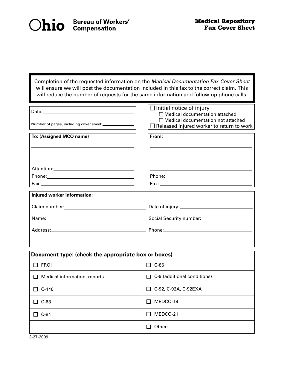 Medical Repository Fax Cover Sheet - Ohio, Page 1