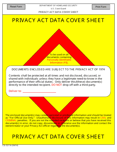 DHS Form CG-5211A Privacy Act Data Cover Sheet