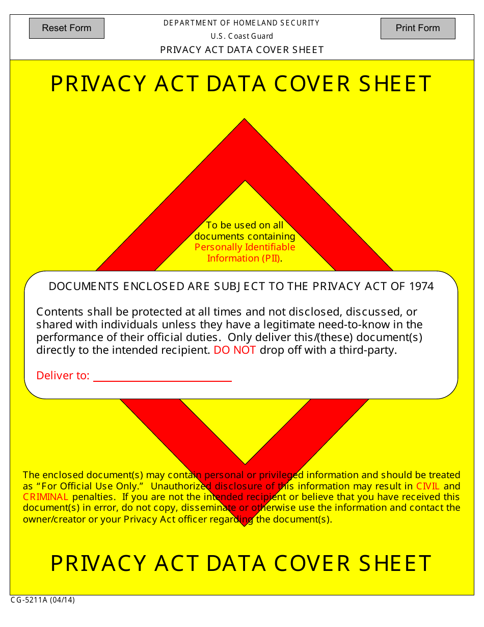 DHS Form CG-5211A Privacy Act Data Cover Sheet, Page 1