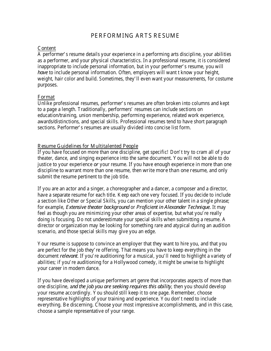 Sample Performing Arts Resume, Page 1