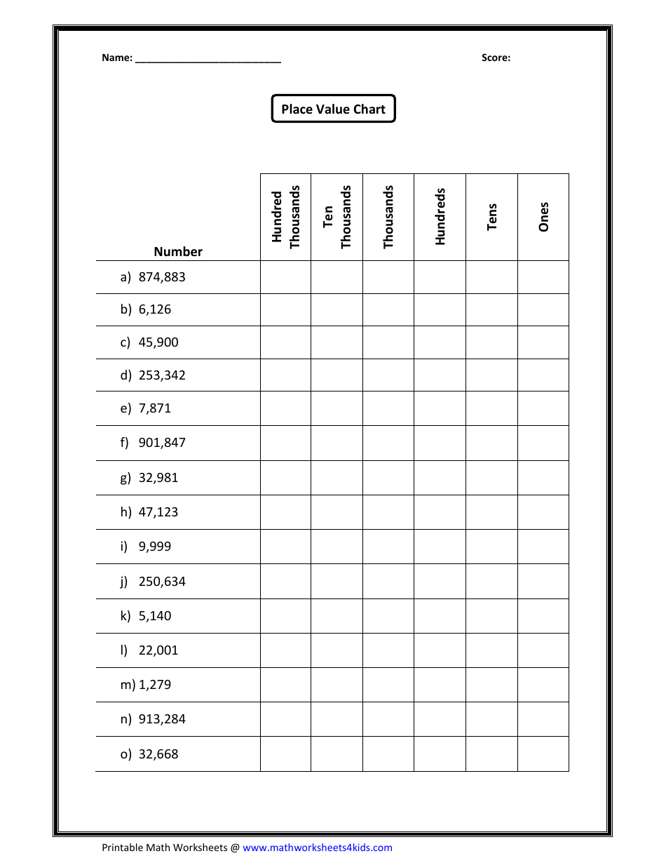 Place Value Chart Worksheet With Answer Key - Image Preview