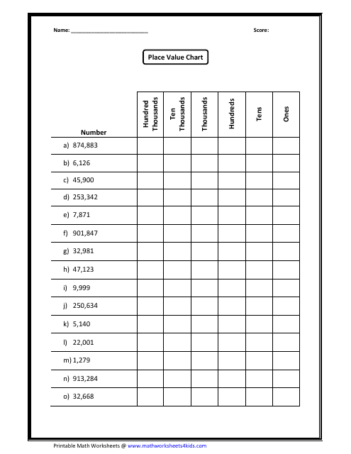 Place Value Chart Worksheet With Answer Key - Image Preview