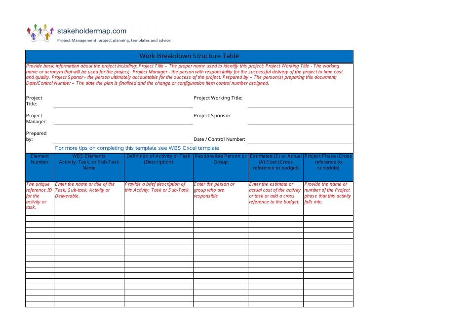 Work Breakdown Structure Table Template, Page 1