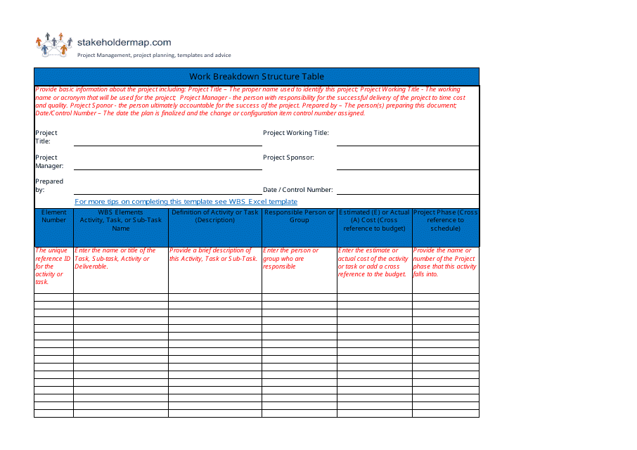 Work Breakdown Structure Table Template Download Printable Pdf