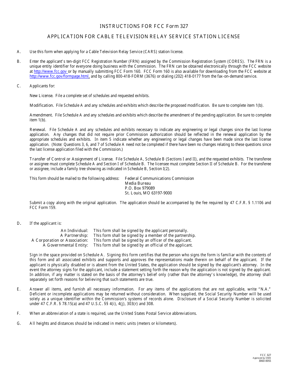 FCC Form 327 Application for Cable Television Relay Service Station License, Page 1