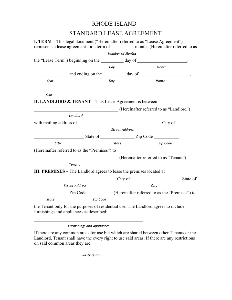 Standard Lease Agreement Template - Rhode Island, Page 1