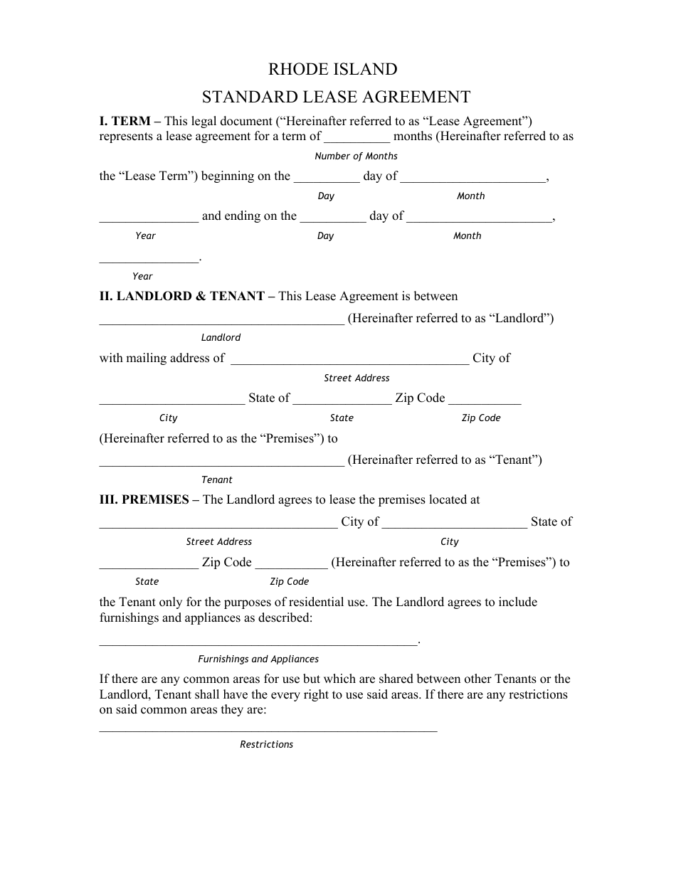 Rhode Island Standard Lease Agreement Template Fill Out, Sign Online and Download PDF