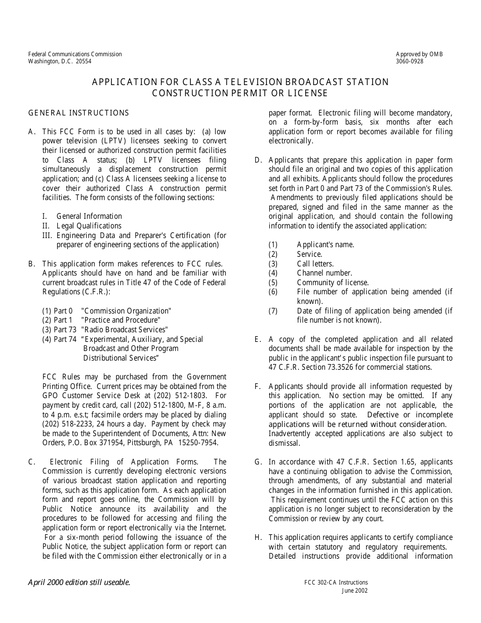 FCC Form 302-CA Application for Class a Television Broadcast Station Construction Permit or License, Page 1