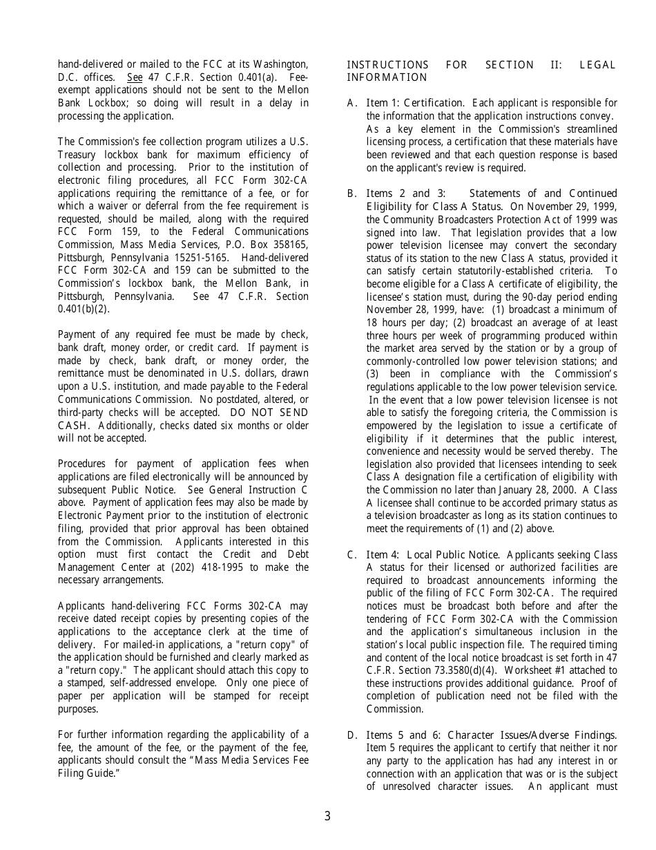 FCC Form 302-CA Application for Class a Television Broadcast Station Construction Permit or License, Page 3