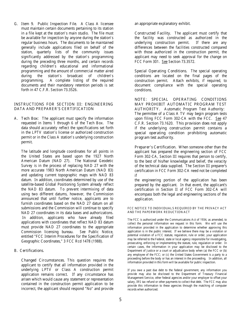 FCC Form 302-CA Application for Class a Television Broadcast Station Construction Permit or License, Page 5