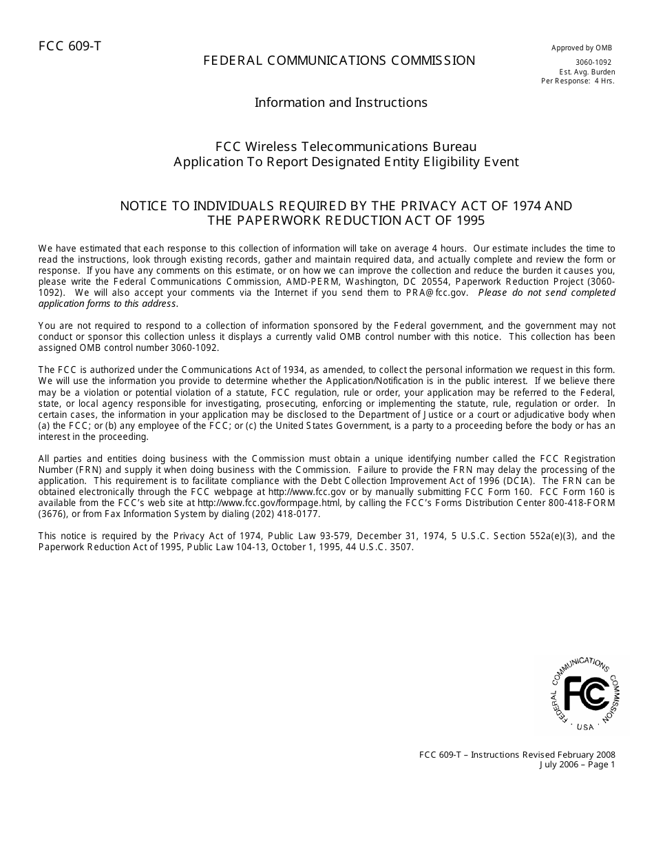 FCC Form 609-T Application to Report Eligibility Event, Page 1