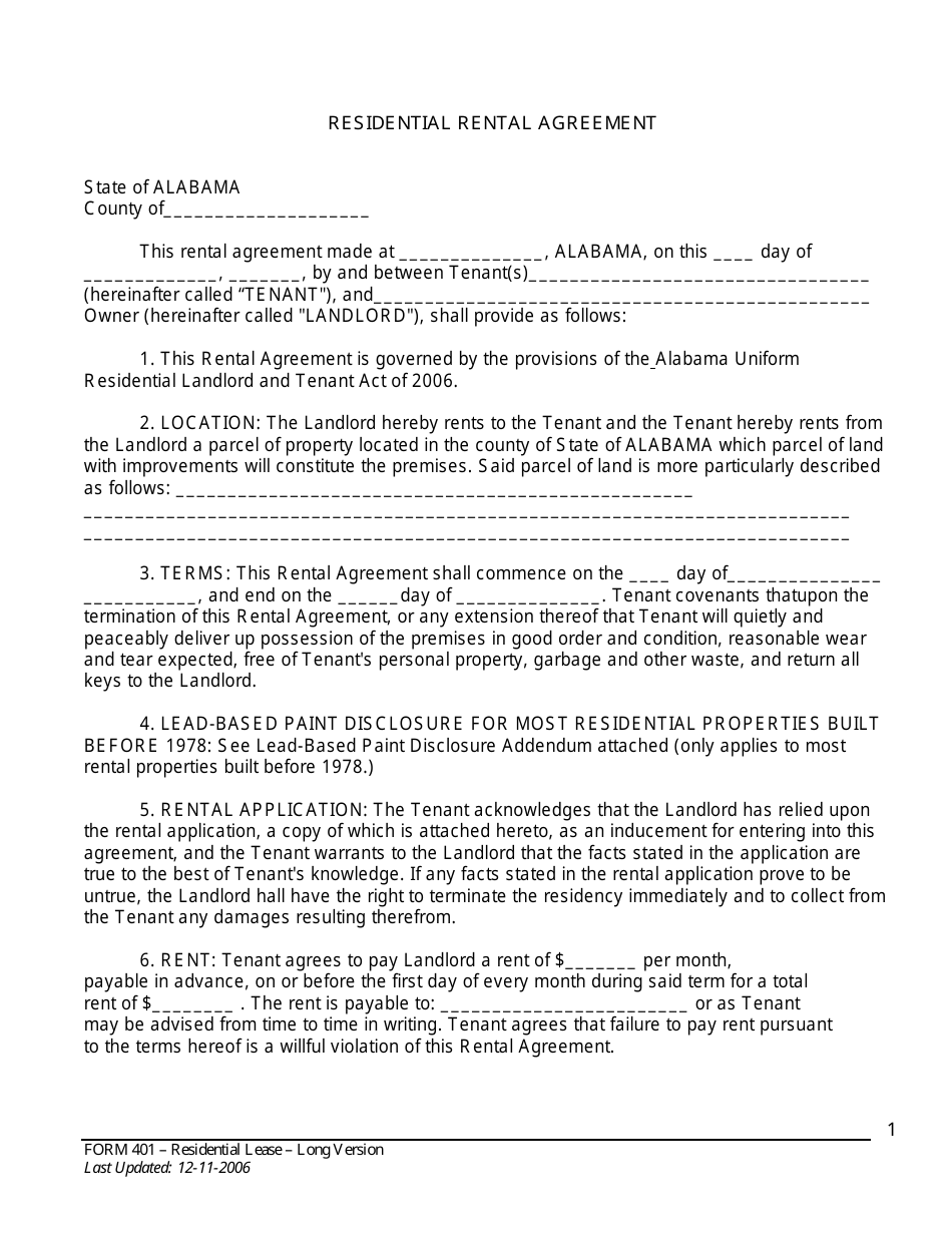 Form 401 Residential Lease Agreement - Alabama Association of Realtors - Alabama, Page 1