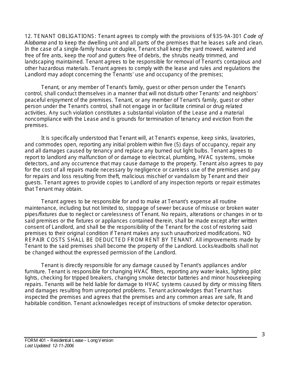 Form 401 Residential Lease Agreement - Alabama Association of Realtors - Alabama, Page 3