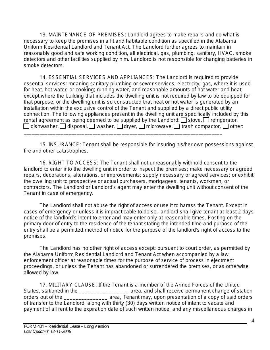 Form 401 Residential Lease Agreement - Alabama Association of Realtors - Alabama, Page 4