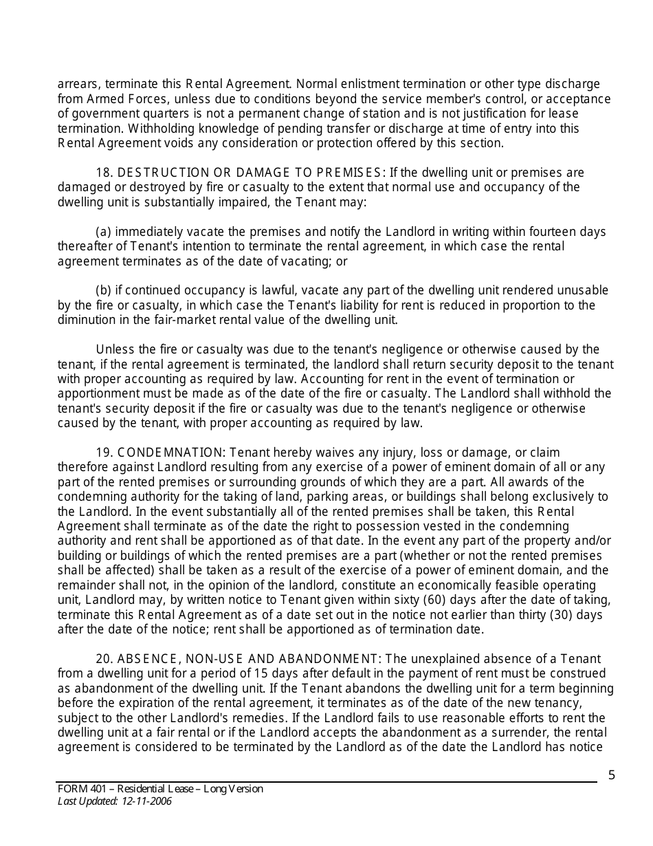 Form 401 Residential Lease Agreement - Alabama Association of Realtors - Alabama, Page 5