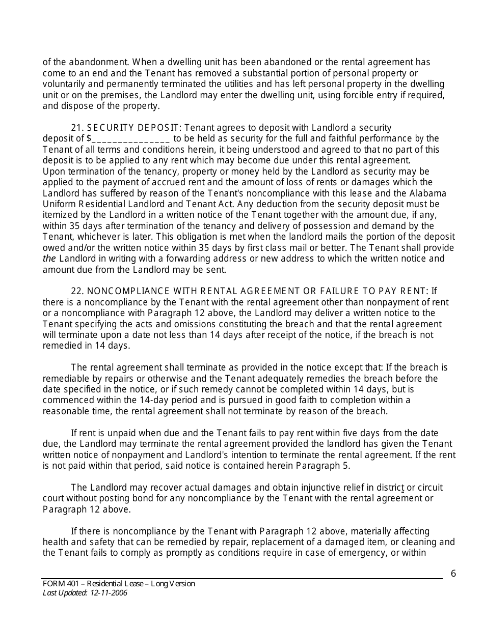 Form 401 Residential Lease Agreement - Alabama Association of Realtors - Alabama, Page 6